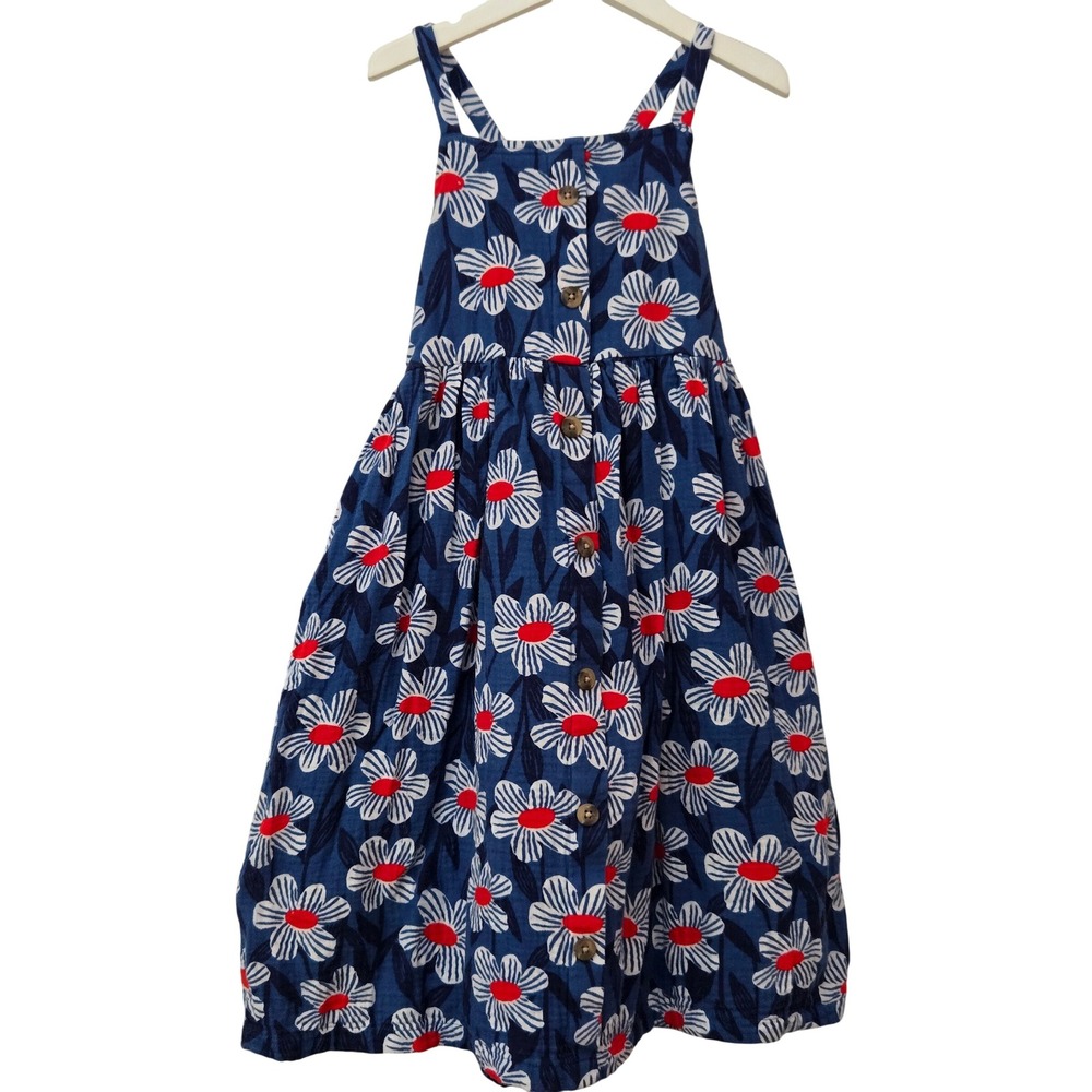 Hanna Andersson Girls Dress Size 6-7 Blue Red Floral Button Front Cotton
